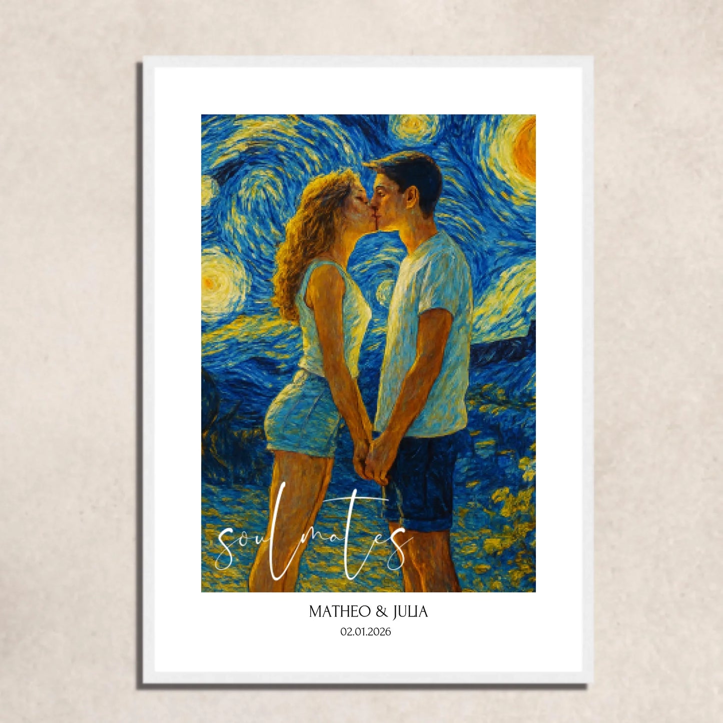 UrbanWarriorStore Soulmates Poster mit Paar vor Sternenhimmel im Van-Gogh-Stil, personalisiert mit Namen und Datum
