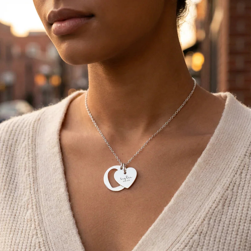UrbanWarriorStore Schmuck, silberne Halskette mit personalisierten Herz- und Kreisanhängern
