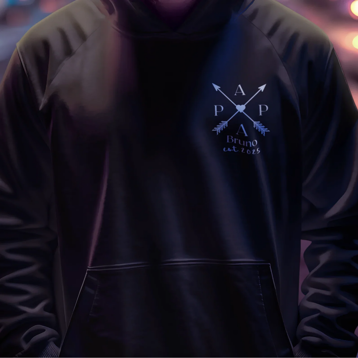 AI generiertes Porträt eines Mannes mit Brille in schwarzem Pullover Hoodie Bruno