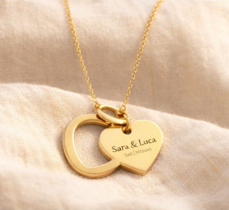 UrbanWarriorStore goldene Namenskette mit Herzanhänger, Gravur Sara & Luca, Geschenkidee