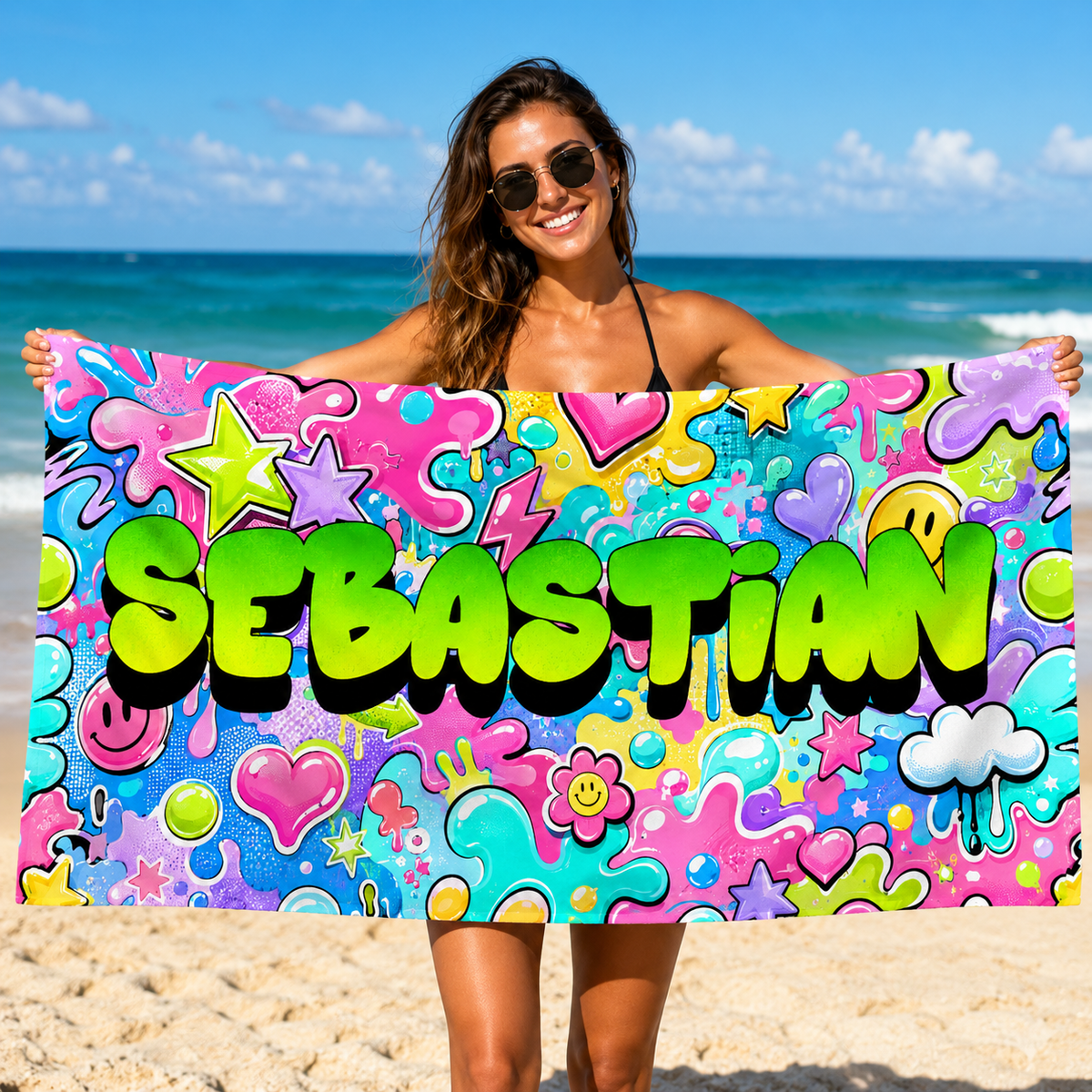 Personalisiertes Badetuch mit buntem Graffiti-Muster und dem Namen SEBASTIAN.