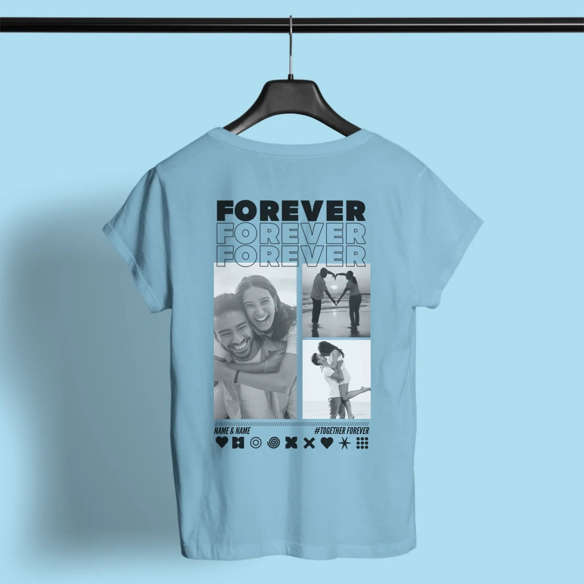 Hellblaues personalisiertes MY LOVE T-Shirt mit Fotocollage und „FOREVER“-Schriftzug auf der Rückseite.