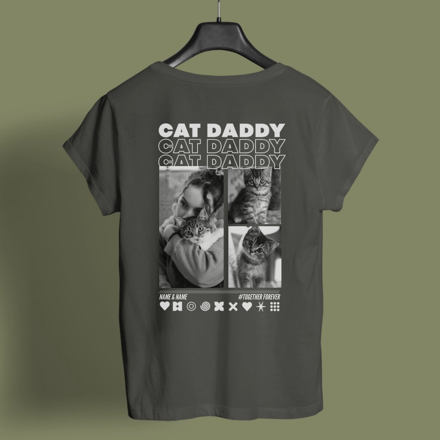 UrbanWarriorStore Cat Daddy T-Shirt in Dunkelgrau mit Katzenmotiv und individuellem Namen