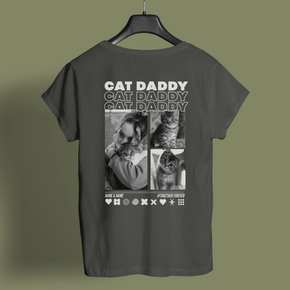UrbanWarriorStore Cat Daddy T-Shirt in Dunkelgrau mit Katzenmotiv und individuellem Namen