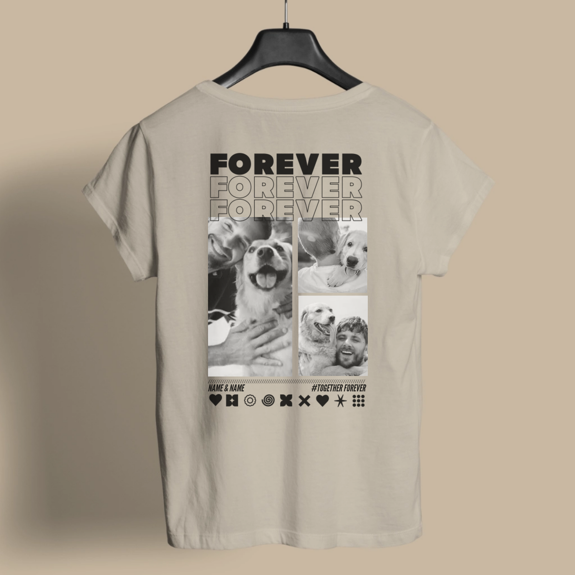 UrbanWarriorStore personalisiertes T-Shirt mit Fotocollage und Text FOREVER für Papa oder Mama, beige