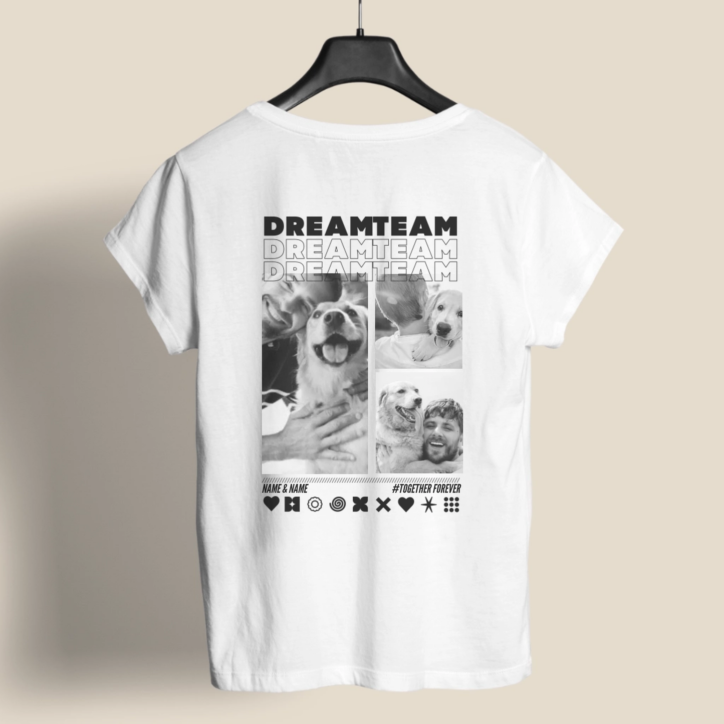 UrbanWarriorStore Dreamteam T-Shirt in Weiß mit Fotocollage von Hund und Mann als personalisiertes Geschenk