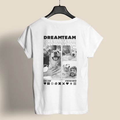 UrbanWarriorStore Dreamteam T-Shirt in Weiß mit Fotocollage von Hund und Mann als personalisiertes Geschenk