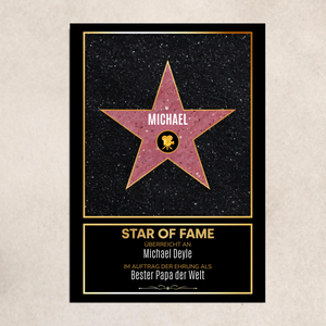 Póster personalizado: STAR OF FAME con estrella rosa y nombre personalizado sobre fondo negro.