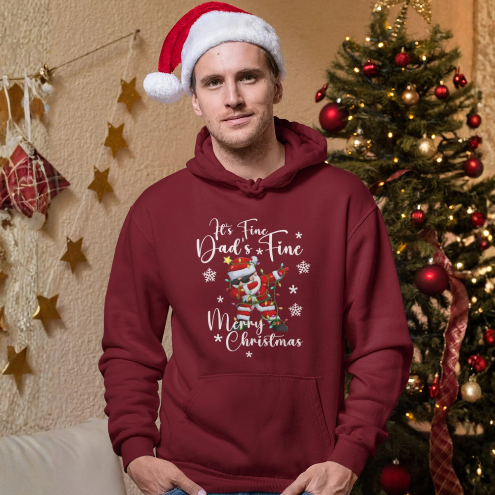 Sudadera con capucha de color rojo con diseño «It’s Fine – Dad’s Fine – Merry Christmas» en la parte delantera.