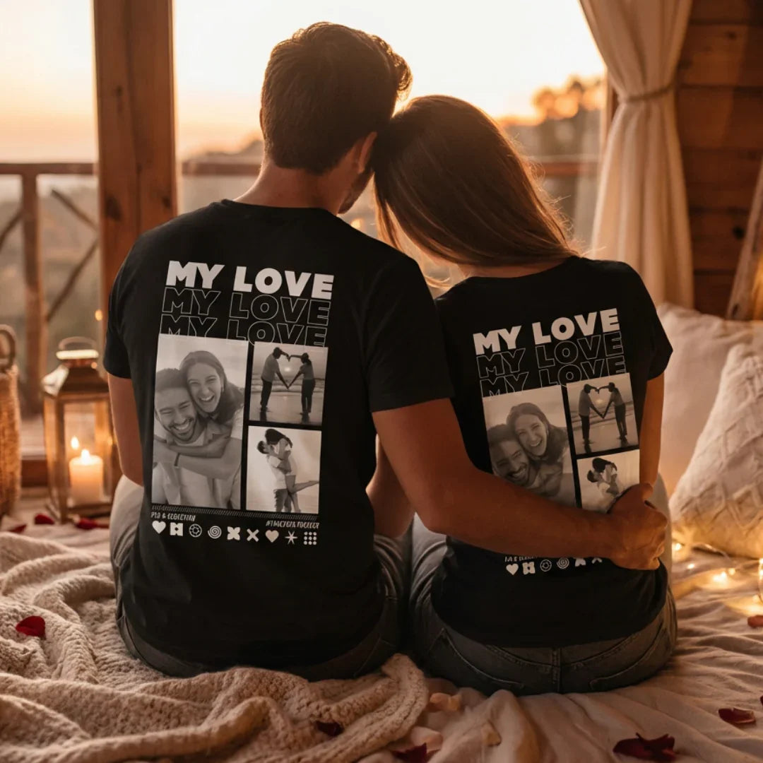 Paar trägt personalisierte MY LOVE Shirts