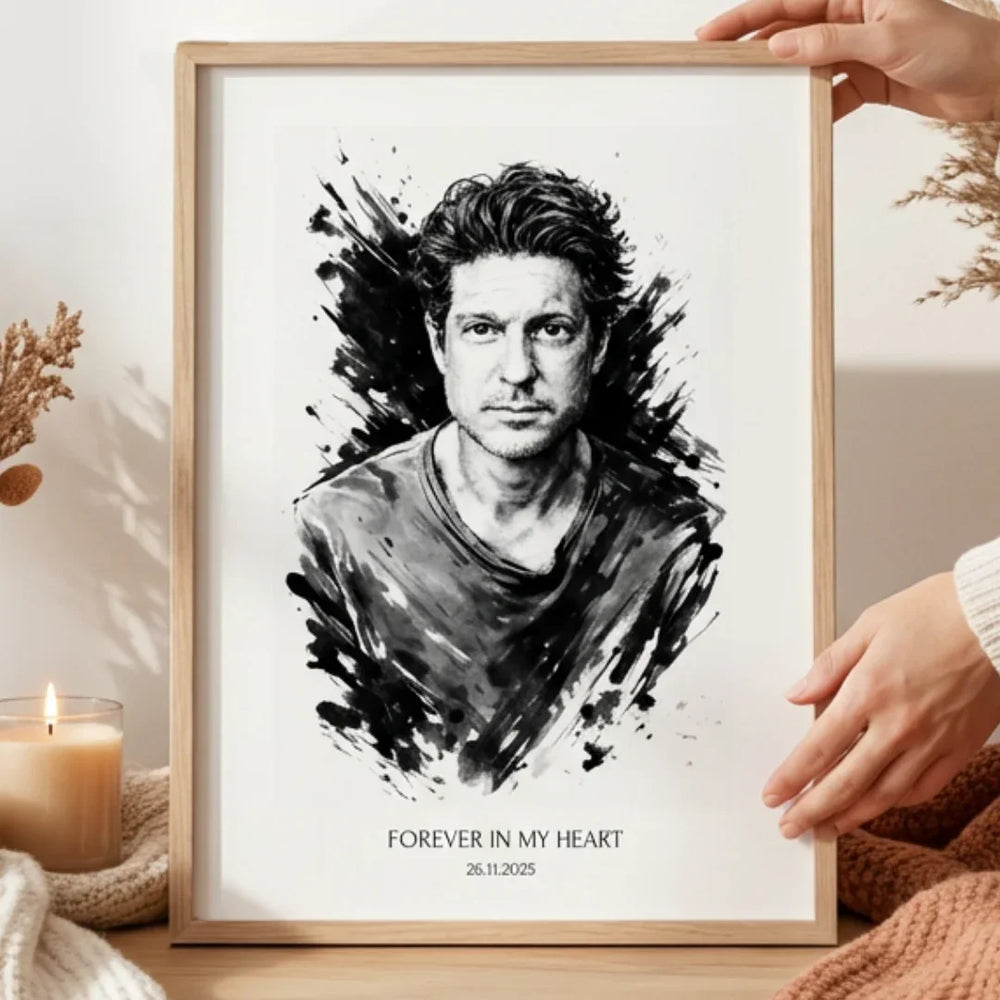 Póster personalizado: retrato de hombre dibujado a tinta negra.