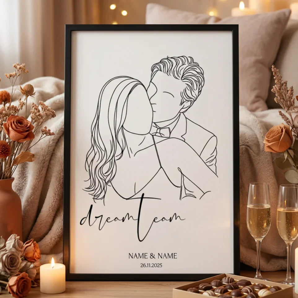 Póster personalizado: dibujo de líneas de una pareja besándose con nombres.