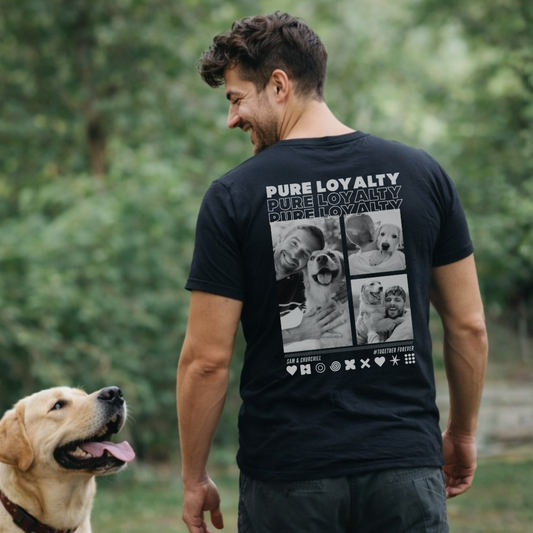 UrbanWarriorStore Produkt: Mann trägt Pure Loyalty T-Shirt mit Hunde-Fotocollage im Park.