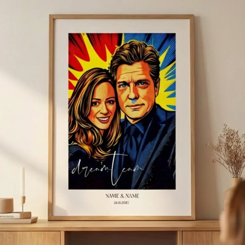 Póster personalizado: retrato de pareja de estilo pop art en colores vivos.