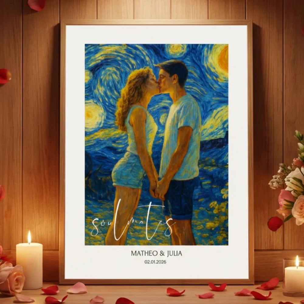 Póster personalizado: pareja bajo un cielo estrellado arremolinado inspirado en Van Gogh.