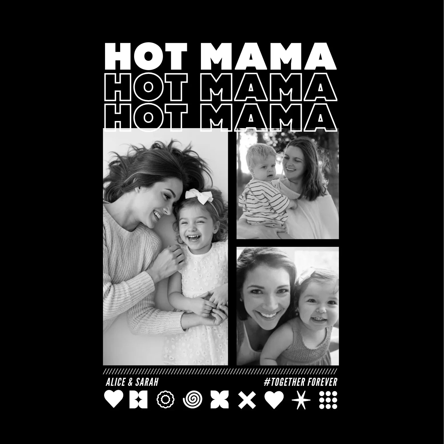 UrbanWarriorStore Hot Mama T-Shirt Design mit Mama-Kind-Fotos, personalisiert mit Namen Alice & Sarah
