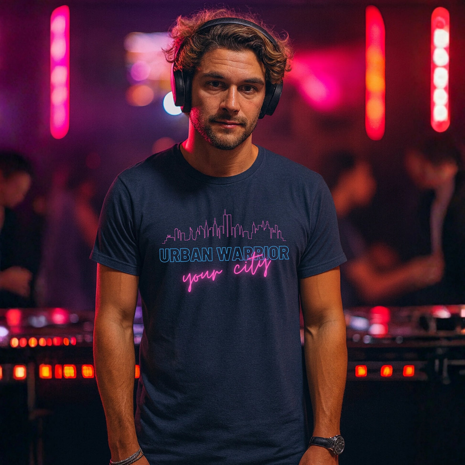Urban Warrior T-Shirt mit your city Motiv in dunkler Club-Atmosphäre