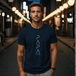 Navy blue T-shirt with a “PAPA” design on the front.