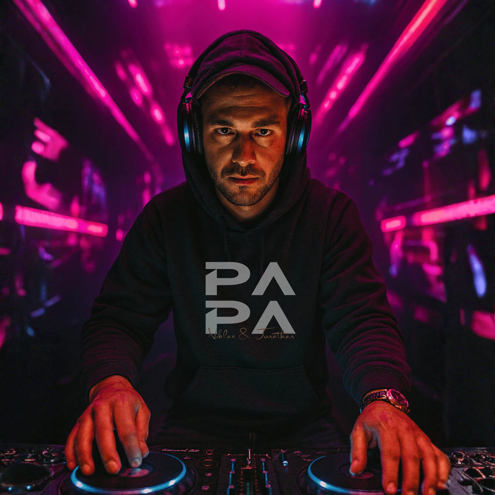 Sudadera con capucha de color negro con diseño «PAPA» en la parte delantera.