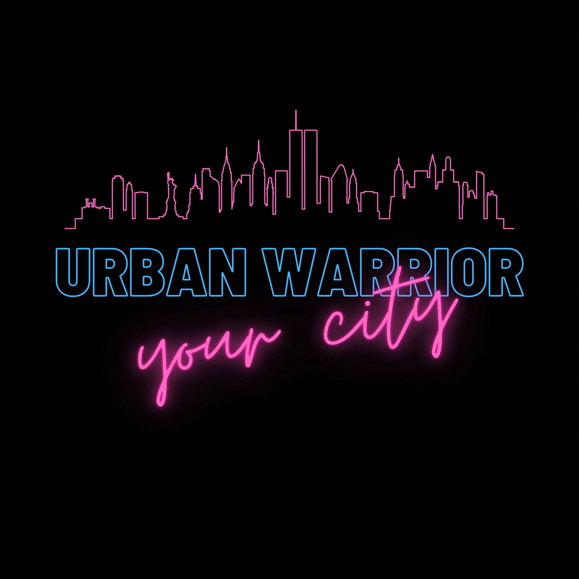 Urban Warrior your city Motiv mit Skyline auf schwarzem Hintergrund