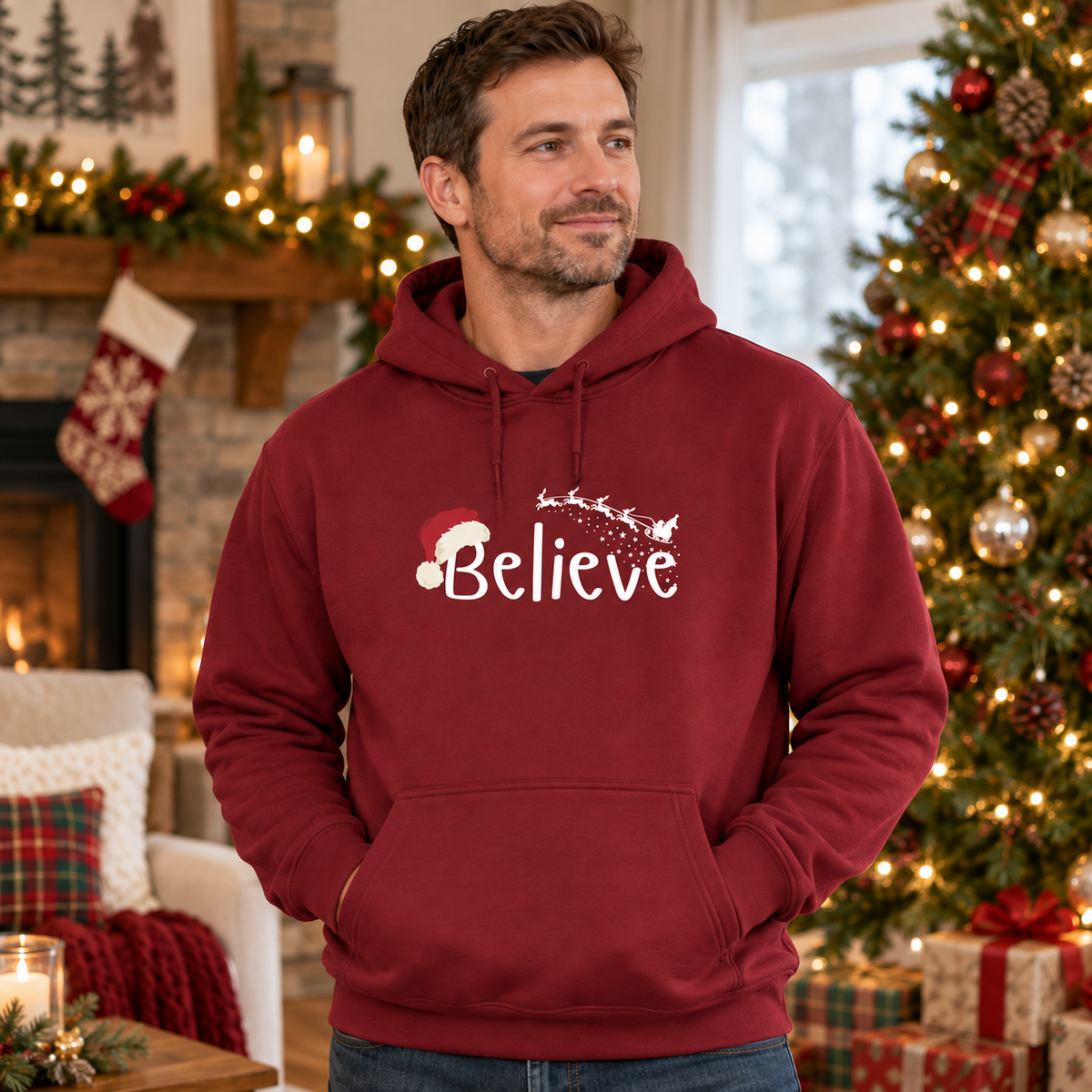 Believe Weihnachts-Hoodie – Garnet Red – weißes Brustmotiv, männliches Model in weihnachtlicher Umgebung