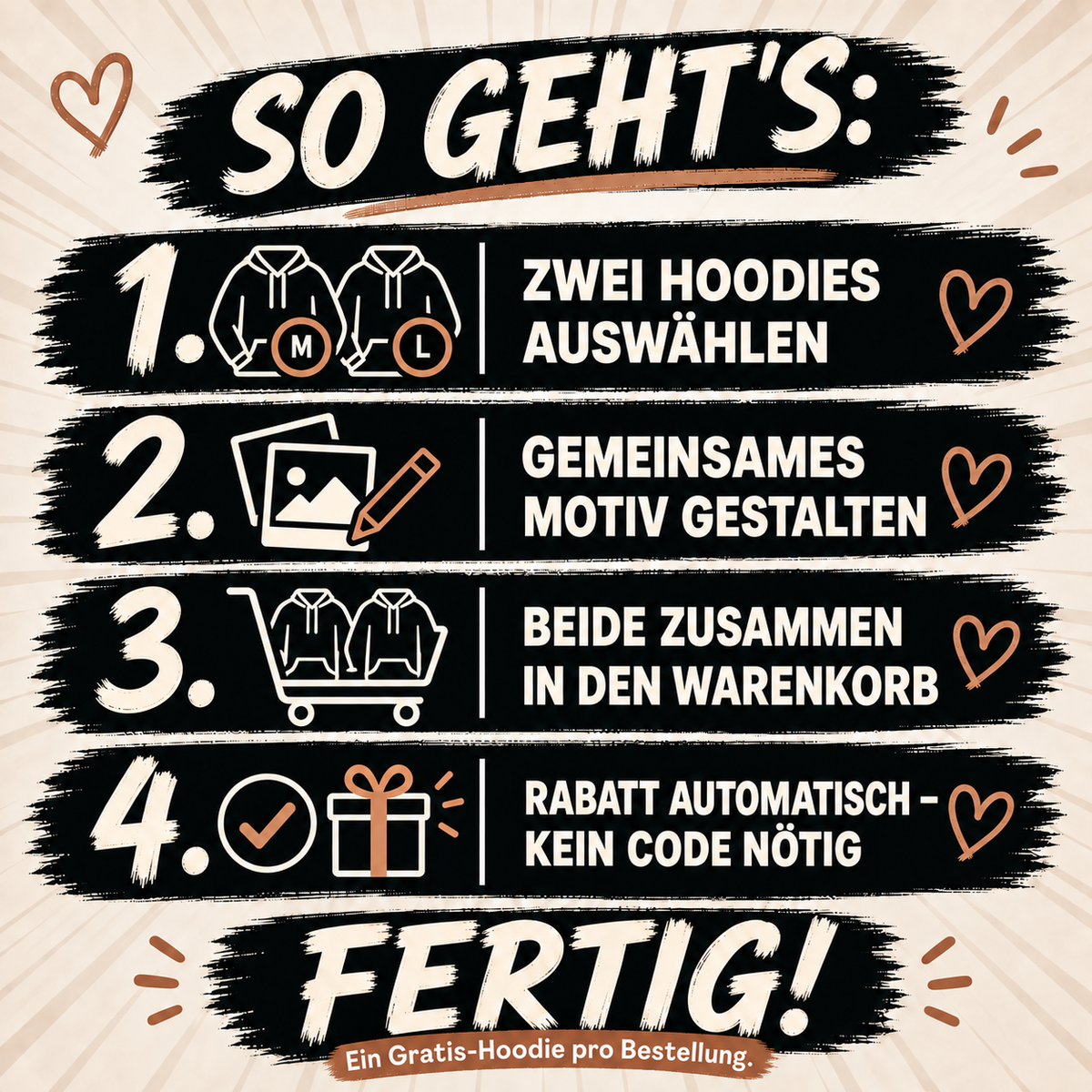 BESTIES Hoodie: zwei Hoodies auswählen, gemeinsam gestalten, zusammen hinzufügen – Rabatt automatisch, kein Code nötig