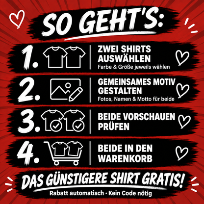 BESTIES in vier Schritten: zwei Shirts auswählen, gemeinsames Motiv gestalten, beide Vorschauen prüfen und zusammen in den Warenkorb legen. Das günstigere Shirt ist automatisch gratis.