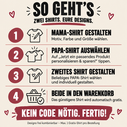 So geht’s: Mama-Shirt gestalten, passendes Papa-Shirt auswählen und gestalten, beide in den Warenkorb legen. Das günstigere Shirt wird automatisch gratis – kein Code nötig.