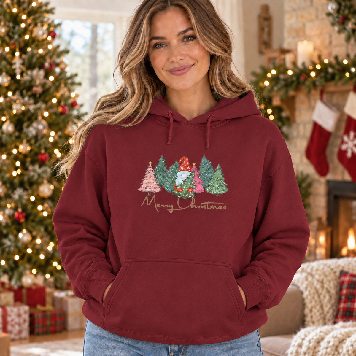 Merry Christmas Hoodie – Garnet Red – weihnachtliches Damen-Mockup
