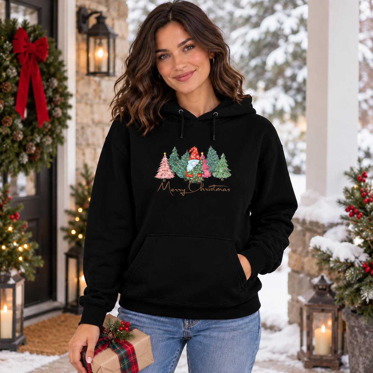 Merry Christmas Hoodie – Schwarz – weihnachtliches Damen-Mockup
