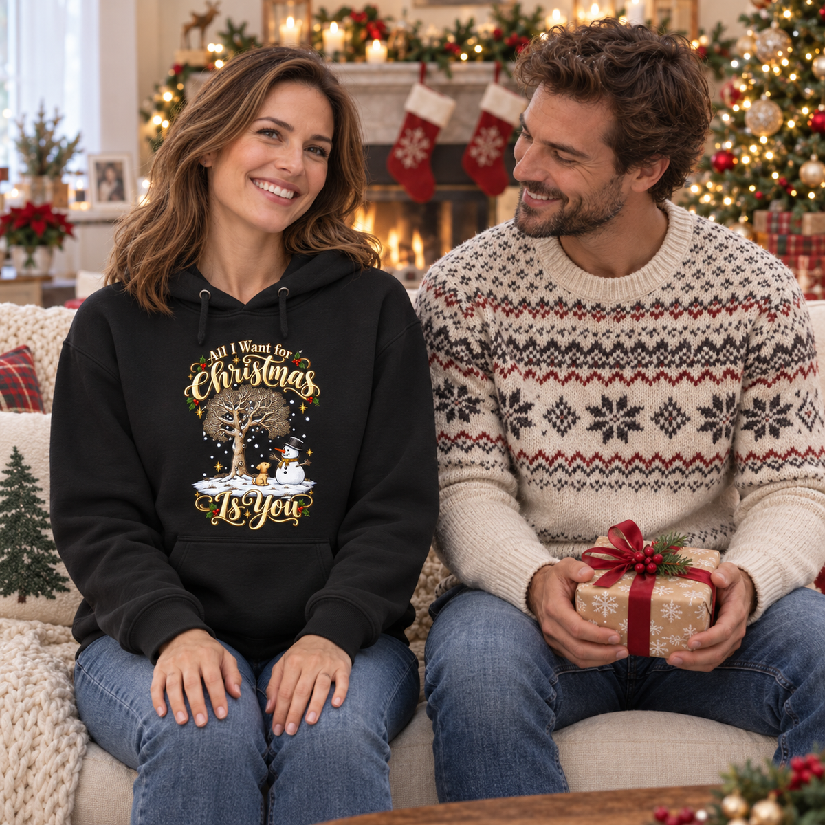 All I Want for Christmas Is You Hoodie in Schwarz – Paar auf dem Sofa bei der weihnachtlichen Bescherung
