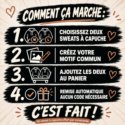 Choisissez deux sweats à capuche, créez votre motif commun et ajoutez les deux au panier. Remise automatique, aucun code nécessaire. Un sweat à capuche offert par commande.