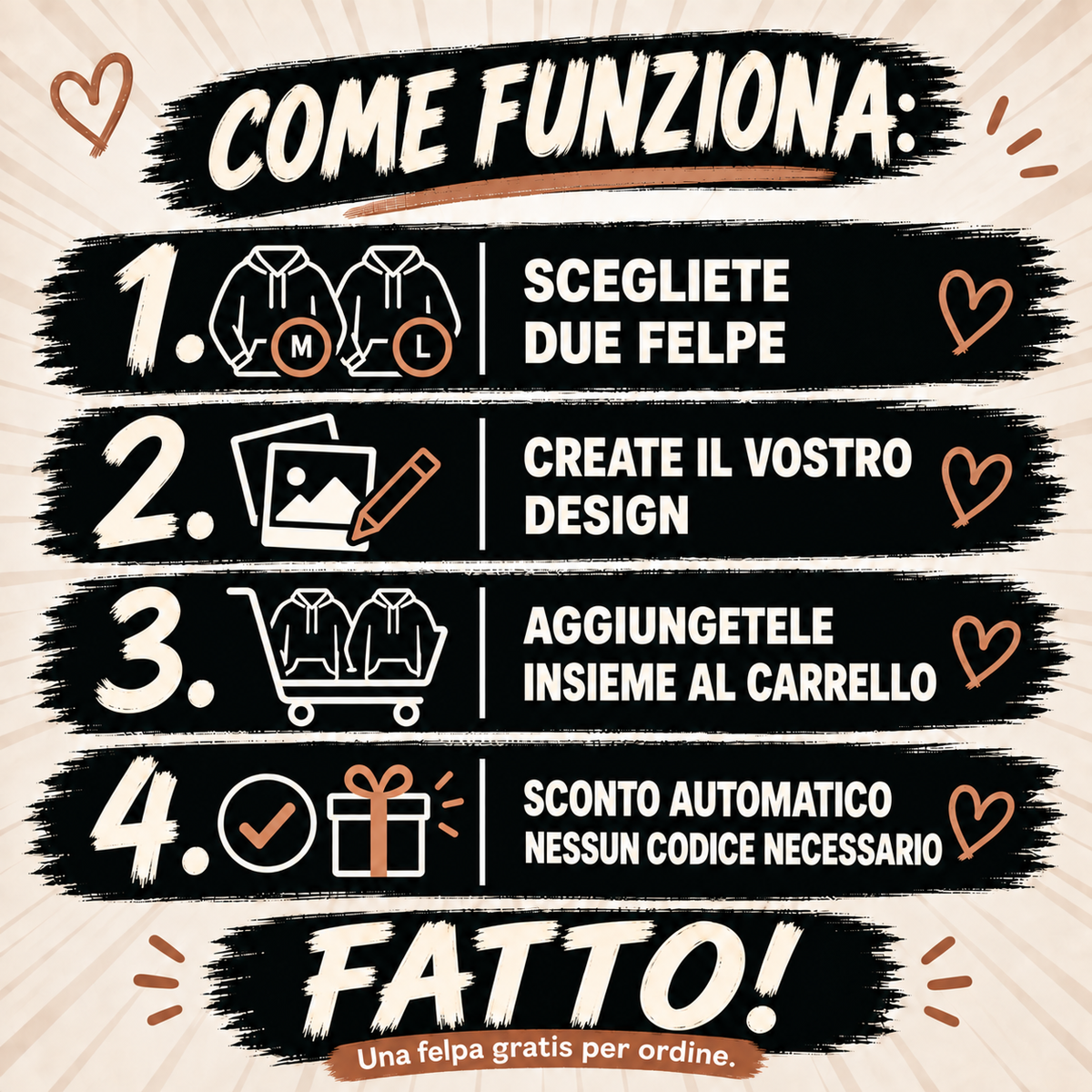 Scegliete due felpe, create il vostro design e aggiungetele insieme al carrello. Sconto automatico, nessun codice necessario. Una felpa gratis per ordine.