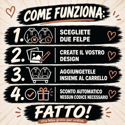 Scegliete due felpe, create il vostro design e aggiungetele insieme al carrello. Sconto automatico, nessun codice necessario. Una felpa gratis per ordine.