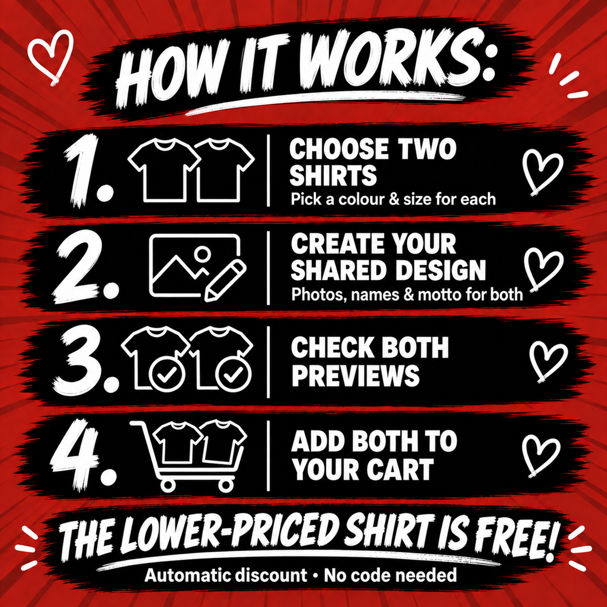 Instructions BESTIES : personnaliser deux T-shirts et les ajouter au panier ; remise automatique, sans code.
