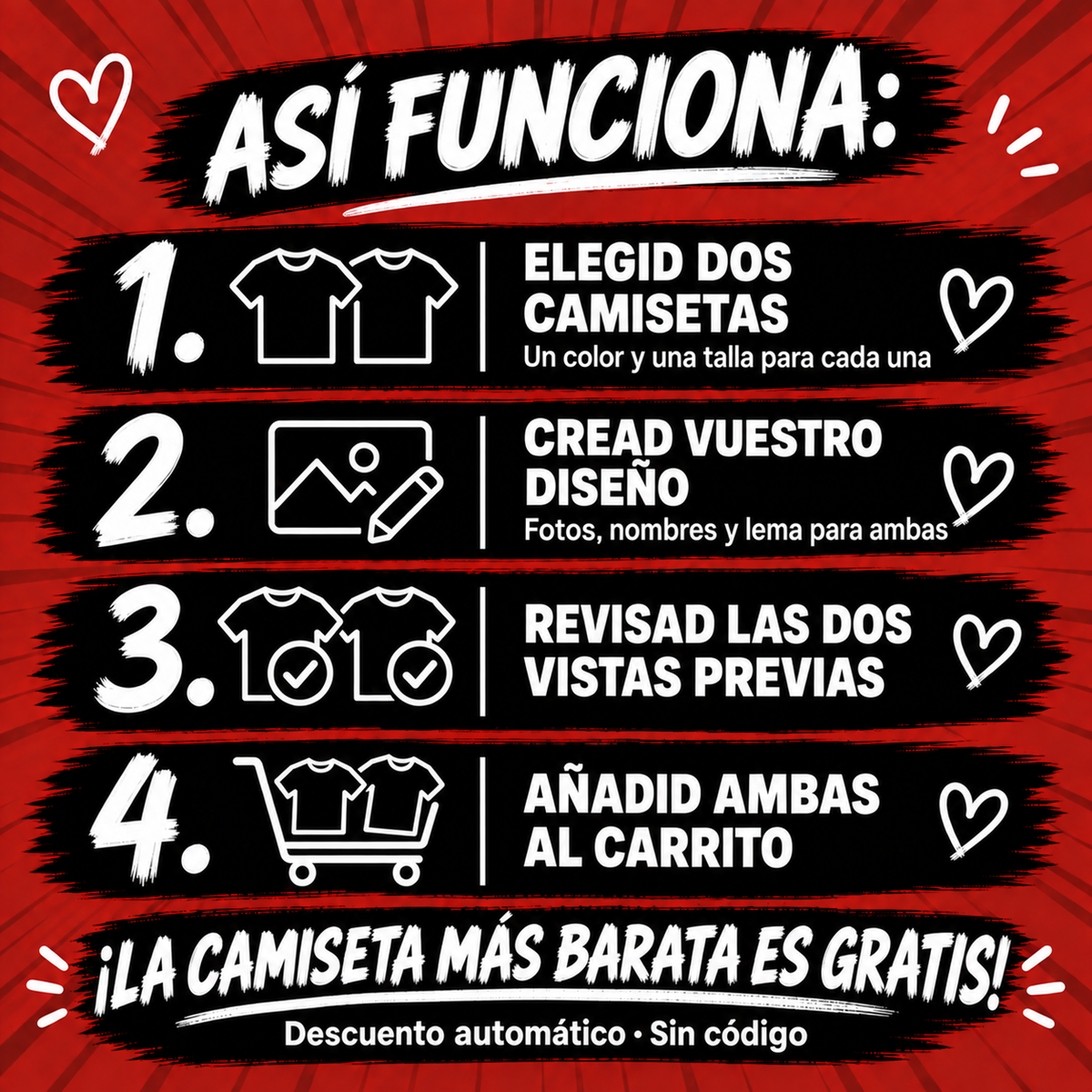 Instructions BESTIES : personnaliser deux T-shirts et les ajouter au panier ; remise automatique, sans code.