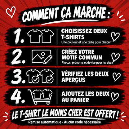Choisissez deux T-shirts, créez votre motif commun, vérifiez les deux aperçus et ajoutez les deux au panier. Le moins cher est offert, sans code.