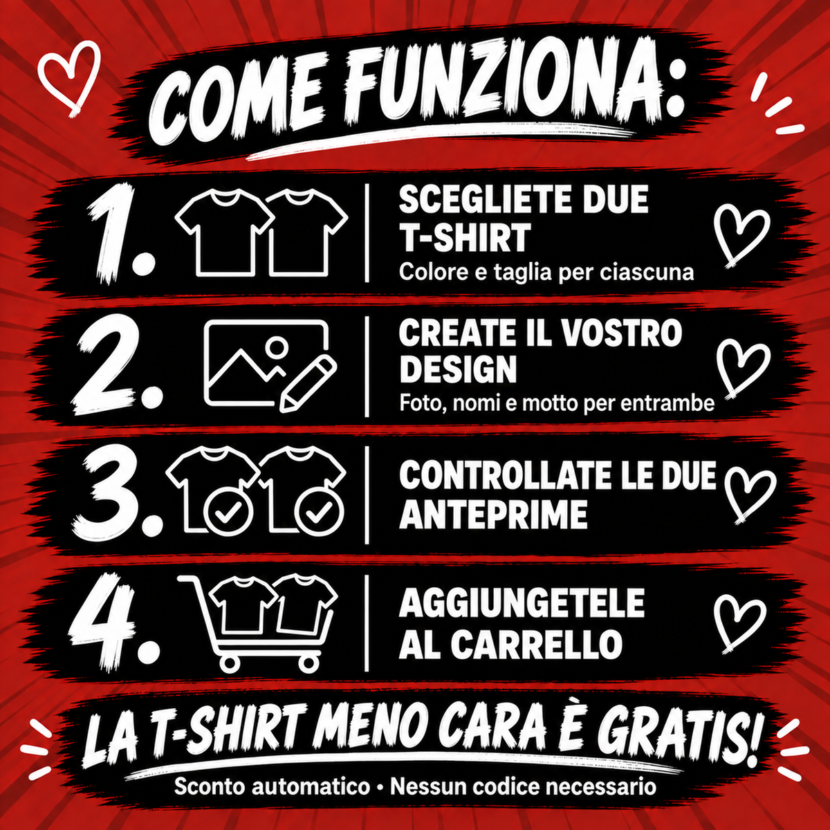 Scegliete due T-shirt, create il vostro design, controllate le due anteprime e aggiungetele al carrello. La T-shirt meno cara è gratis, senza codice.