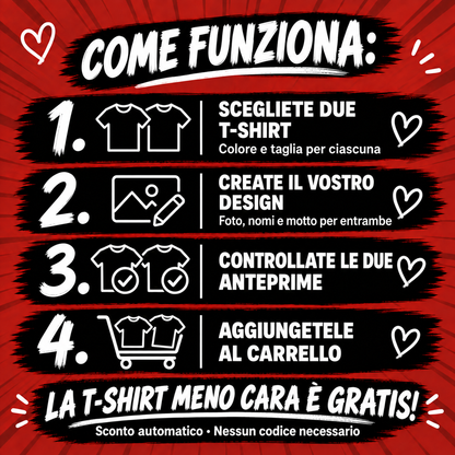Scegliete due T-shirt, create il vostro design, controllate le due anteprime e aggiungetele al carrello. La T-shirt meno cara è gratis, senza codice.