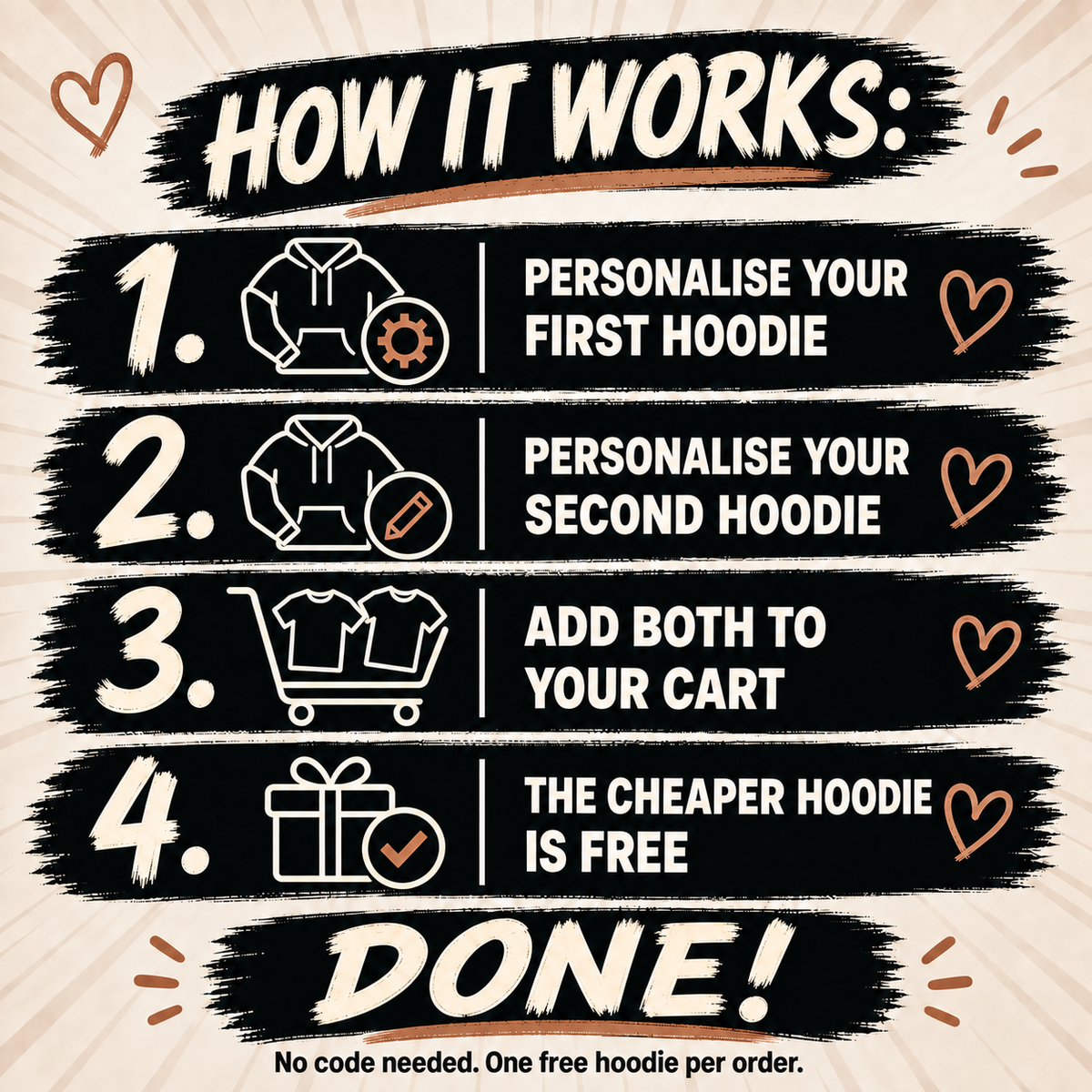 MY LOVE instructions: personalise two hoodies and add both to the cart; automatic discount, no code needed.