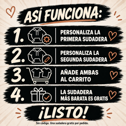 Instrucciones MY LOVE: personalizar dos sudaderas y añadir ambas al carrito; descuento automático, sin código.
