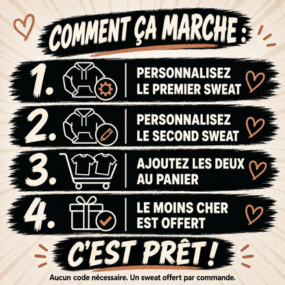Instructions MY LOVE : personnaliser deux sweats à capuche et les ajouter au panier ; remise automatique, sans code.
