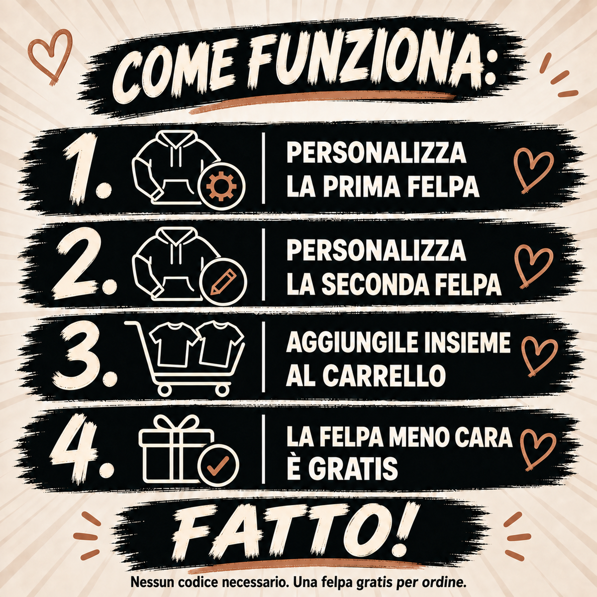 Istruzioni MY LOVE: personalizzare due felpe e aggiungerle al carrello; sconto automatico, senza codice.