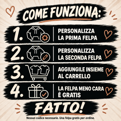 Istruzioni MY LOVE: personalizzare due felpe e aggiungerle al carrello; sconto automatico, senza codice.