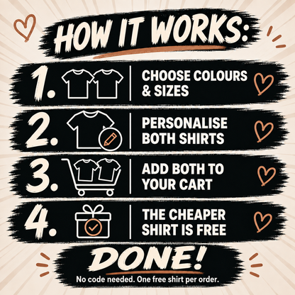 MY LOVE instructions: personalise two shirts and add both to the cart; automatic discount, no code needed.