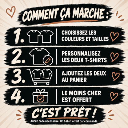 Instructions MY LOVE : personnaliser deux T-shirts et les ajouter au panier ; remise automatique, sans code.