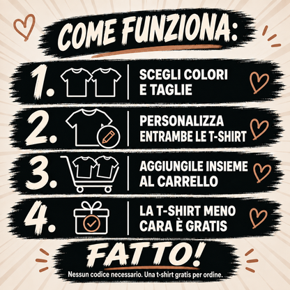 Istruzioni MY LOVE: personalizzare due T-shirt e aggiungerle al carrello; sconto automatico, senza codice.