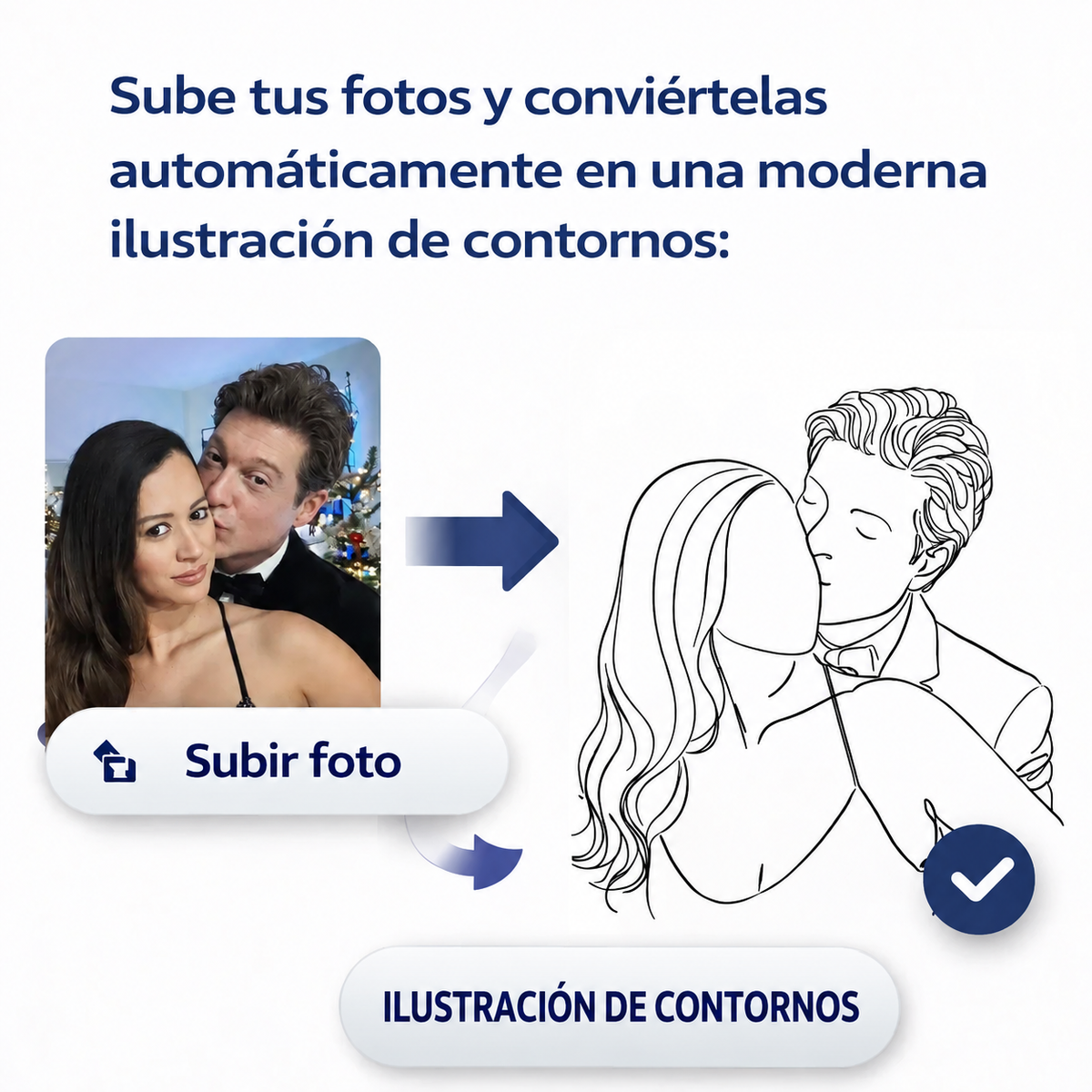 Before-and-after example: turn a photo into a line drawing of a couple.