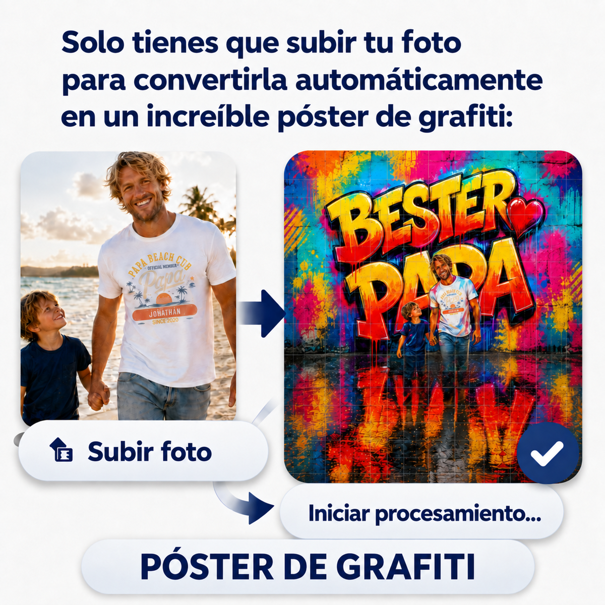 Before-and-after example: turn a photo into a colourful graffiti poster.