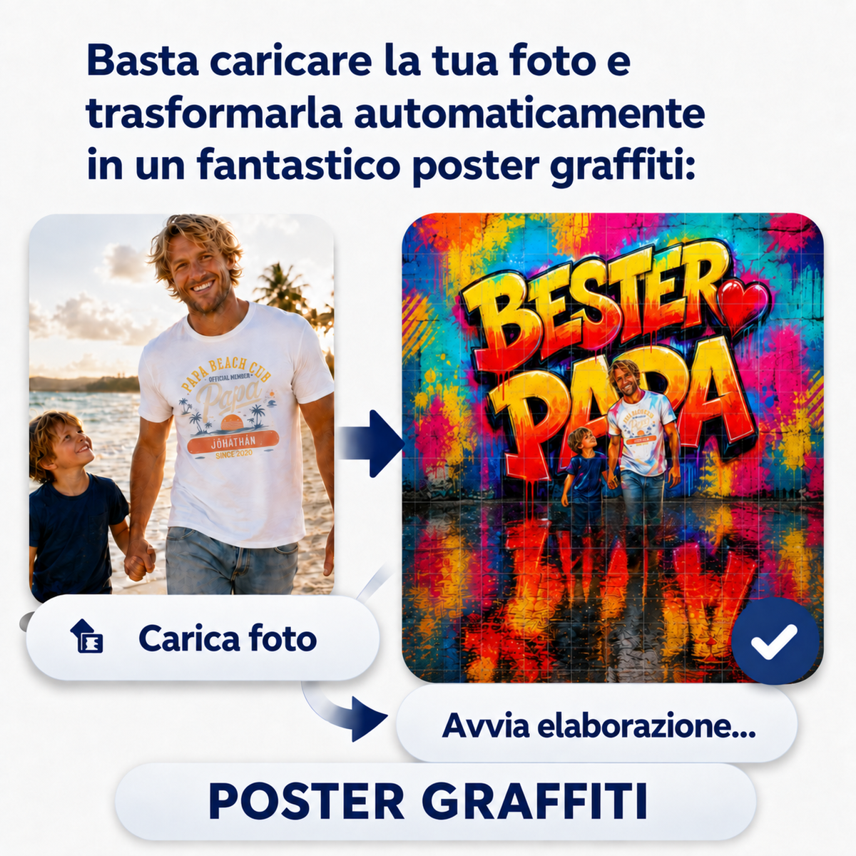 Before-and-after example: turn a photo into a colourful graffiti poster.